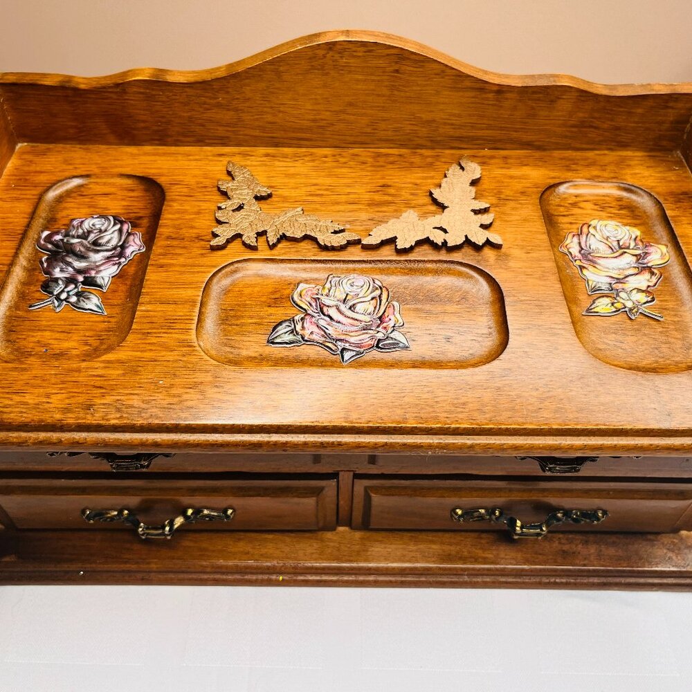 Vintage Wooden Jewelry Box with Roses – Restored Art Piece